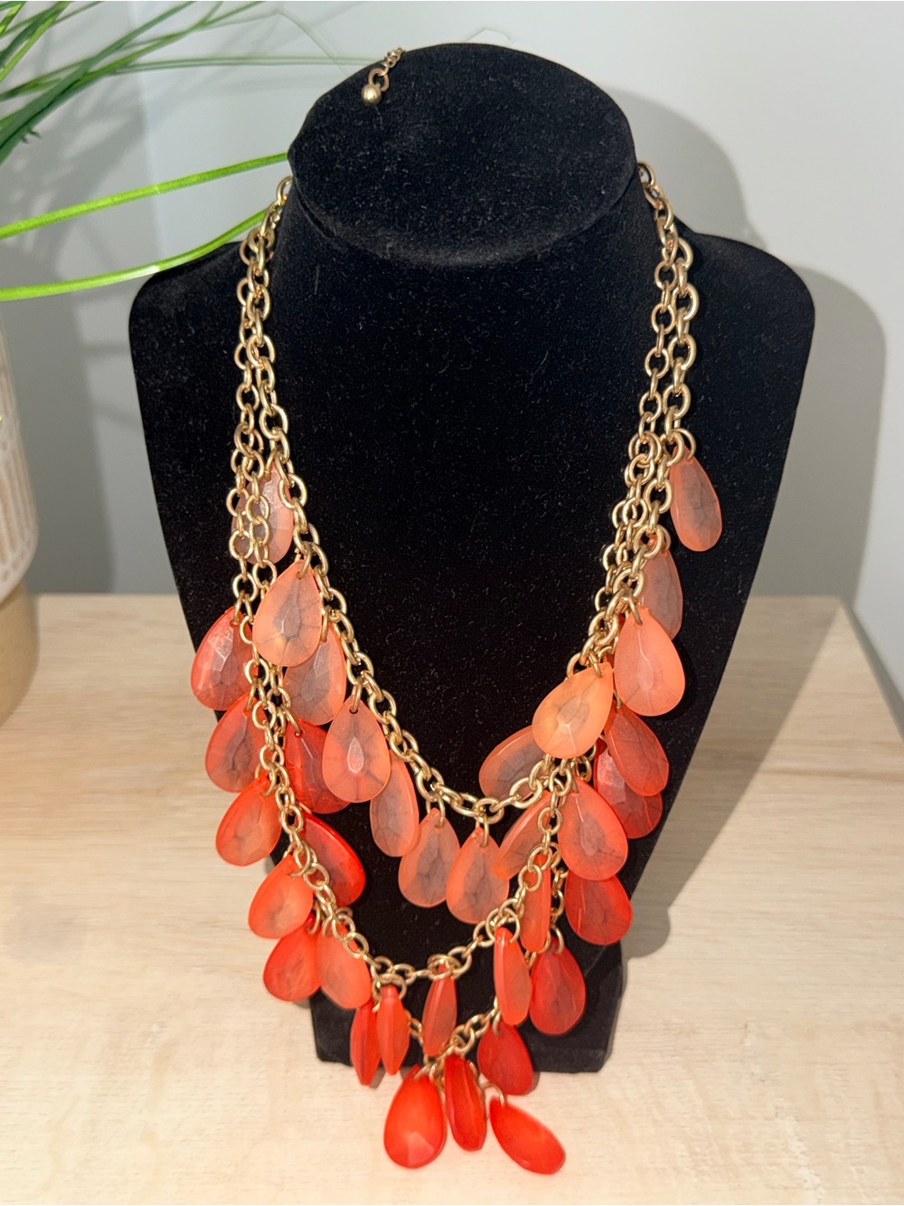 Gold-Tone Necklace & Earrings with Orange Teardrop Charms